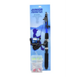 Junior Telescopic Fishing Set with blue and black rod, reel with pre-spooled line, tackle box containing hooks weights floats and accessories displayed on blue packaging