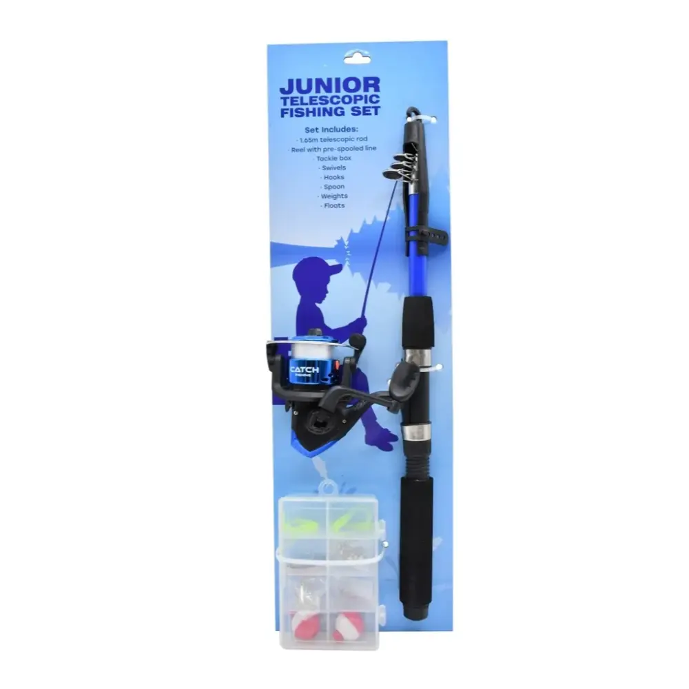 Junior Telescopic Fishing Set with blue and black rod, reel with pre-spooled line, tackle box containing hooks weights floats and accessories displayed on blue packaging