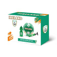 Ireland Football Gift Set featuring green soccer ball with white stripes, matching green water bottle, ball pump and official FAI crest logo on packaging box with green and orange accents