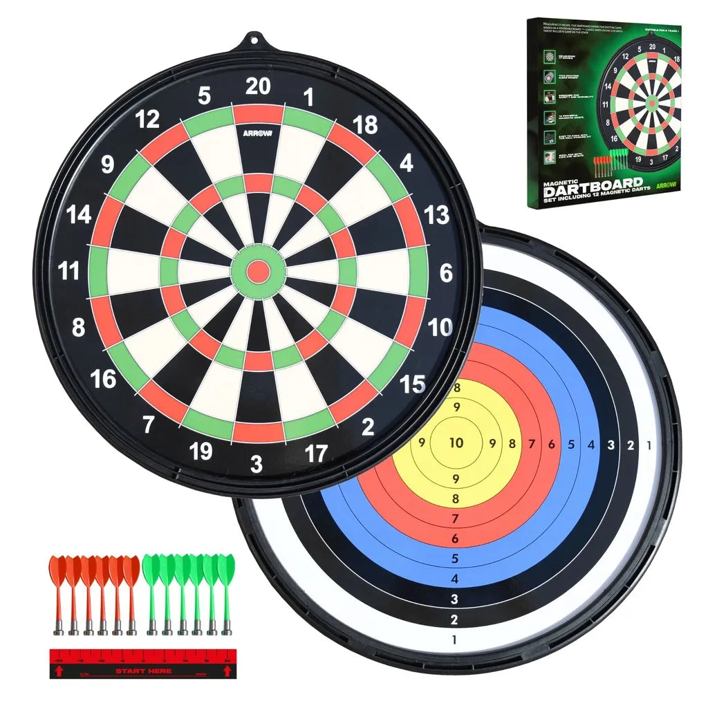 Arrow180 magnetic dartboard set showing dual-sided boards with traditional numbered dartboard on left and target scoring rings on right, including 12 red and green magnetic darts and throw line marker