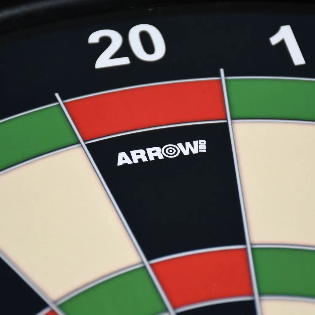 Close-up of Arrow180 magnetic dartboard showing red, green, cream and black segments with the Arrow logo visible on the center black band and numbered scoring areas 20 and 1 at the top