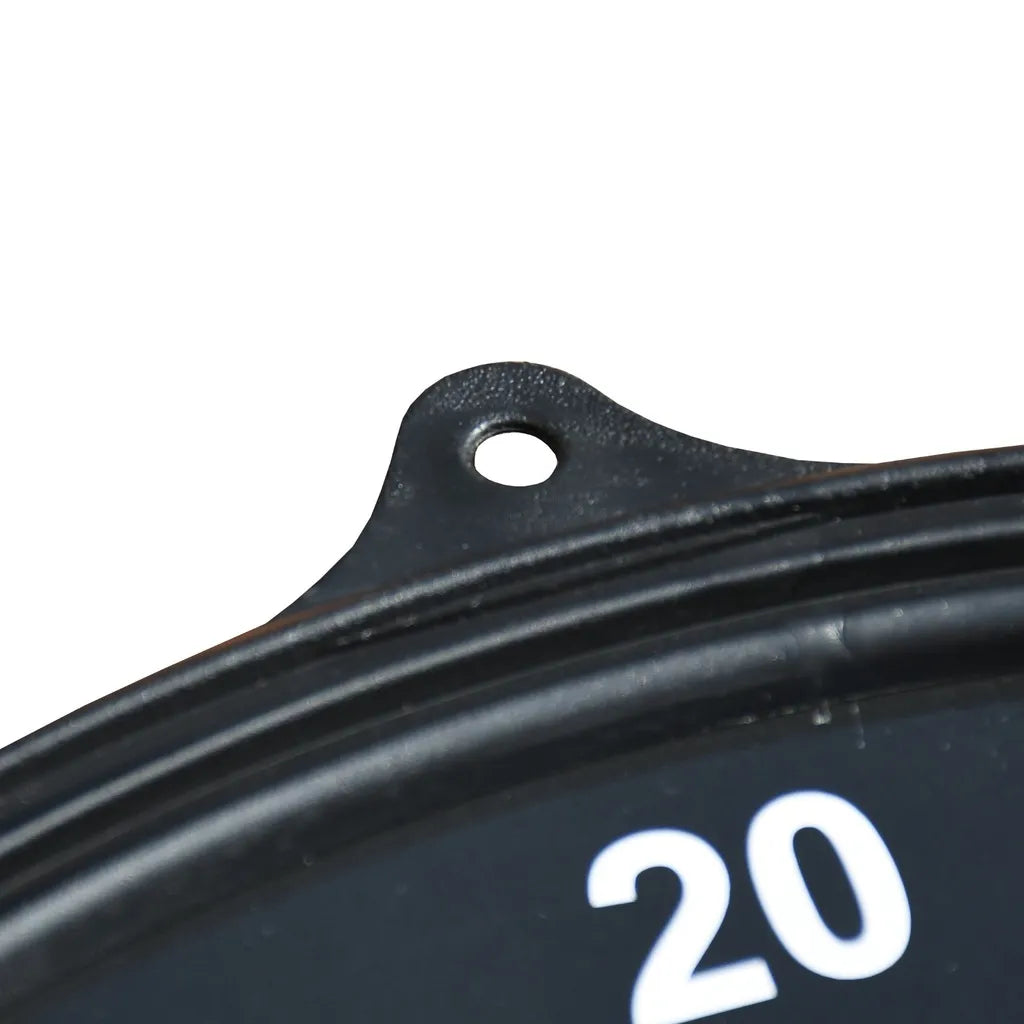 Close-up of black metal mounting bracket on Arrow180 magnetic dartboard showing oval hanging hole and white number 20 marking