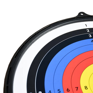 Close-up view of Arrow180 magnetic dartboard showing concentric rings in yellow center, red, blue, black and white sections with numbered zones 1-8, black plastic frame and mounting bracket