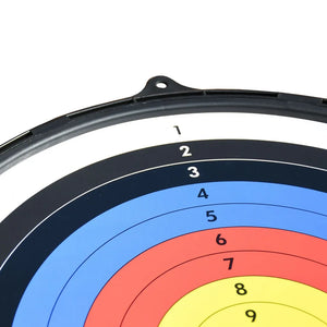 Close-up of Arrow180 magnetic dartboard showing numbered scoring rings from 1 to 9 in black, blue, red and yellow concentric circles with black metal frame and mounting bracket