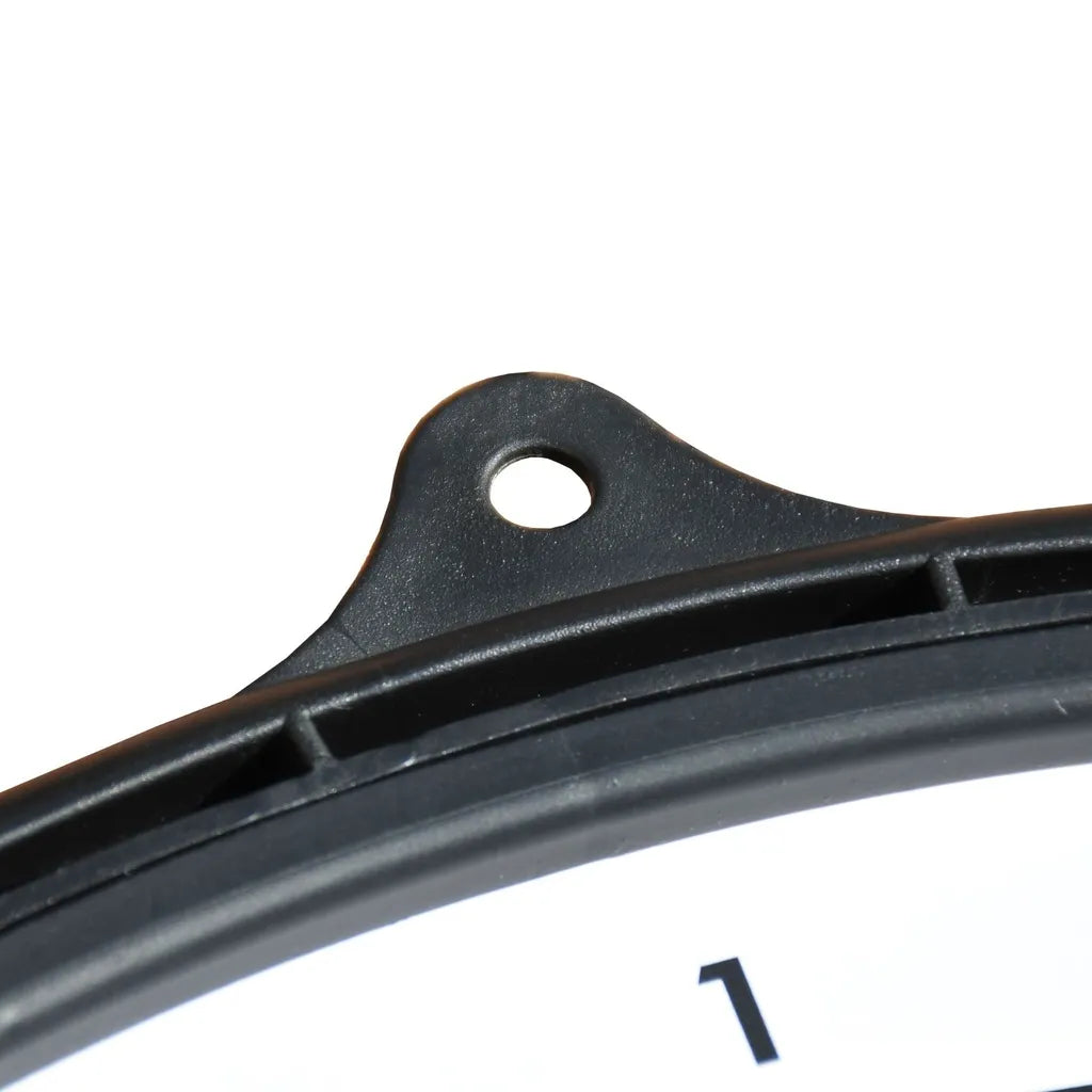 Close-up detail of black metal mounting bracket with oval hole on Arrow180 magnetic dartboard set showing curved attachment hardware against white background