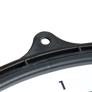 Close-up detail of black metal mounting bracket with oval hole on Arrow180 magnetic dartboard set showing curved attachment hardware against white background