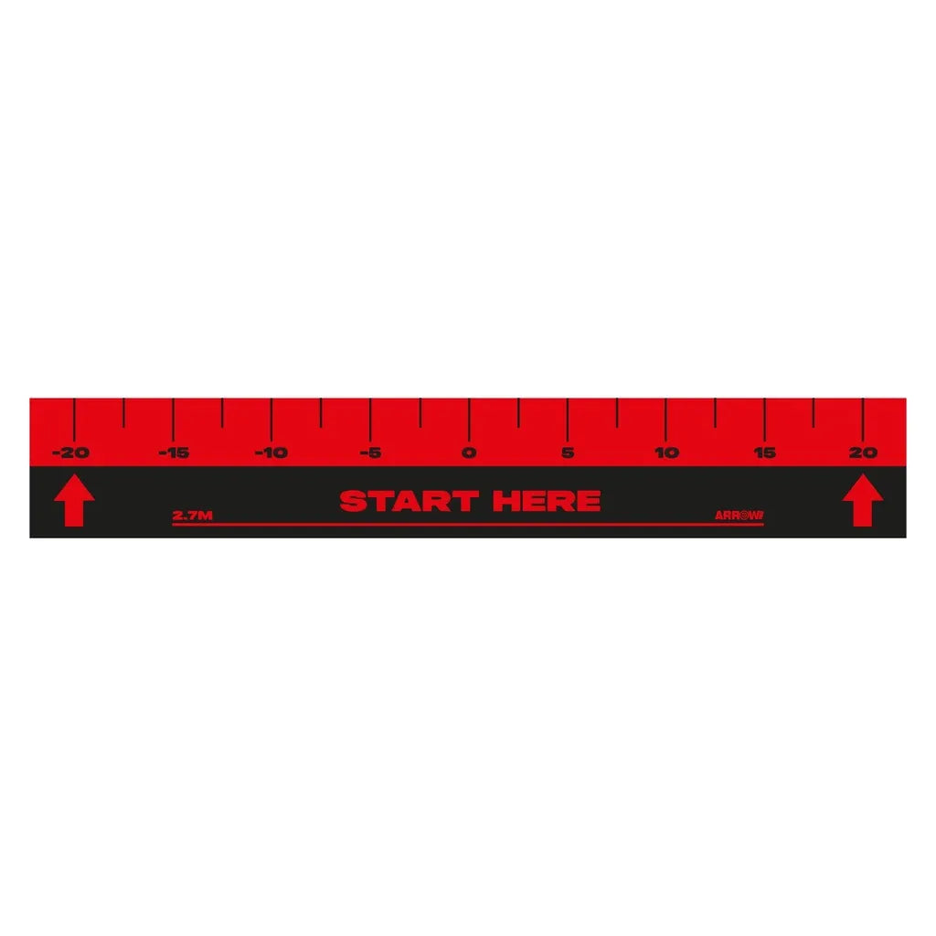 Arrow180 Magnetic Dartboard Set showing red and black measurement scale with numbered markers from -20 to 20, START HERE indicator, 2.7M measurement and directional arrows for gameplay setup