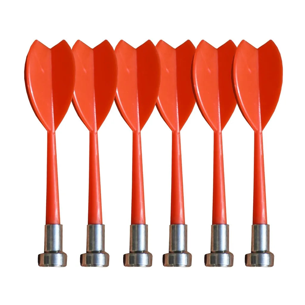 Six red magnetic darts with metal bases arranged in a row against a white background, part of the Arrow180 Magnetic Dartboard Set