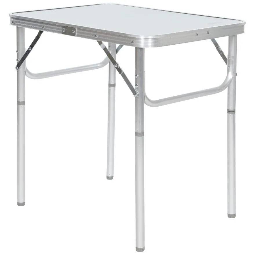 Trespass portable folding camping table with aluminum frame and white surface top, featuring collapsible legs and black braces for compact storage