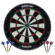 Arrow180 Bristle Dartboard Set showing professional dartboard with black, white, red and green segments, numbered 1-20 around outer ring, accompanied by six darts with blue and red feathered flights