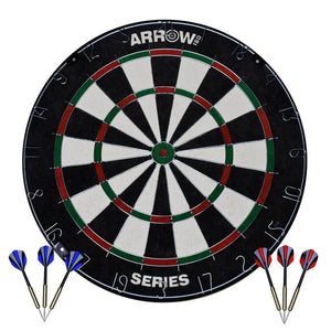 Arrow180 Bristle Dartboard Set showing professional dartboard with black, white, red and green segments, numbered 1-20 around outer ring, accompanied by six darts with blue and red feathered flights