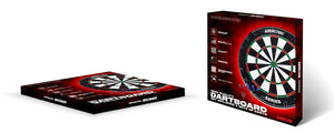 Arrow180 bristle dartboard set showing packaged box with red background and dartboard display, professional tournament-style board with black surround and numbered segments