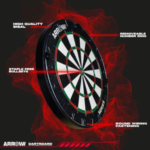 Arrow180 Bristle Dartboard with high quality sisal, removable number ring, staple free bullseye, and round wiring fastening, displayed against red background with product features labeled