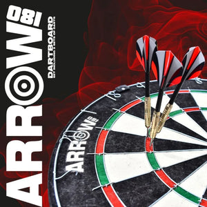 Arrow181 Bristle Dartboard Set featuring professional red white and black dartboard with three red and black feathered darts in the bullseye against a red abstract background