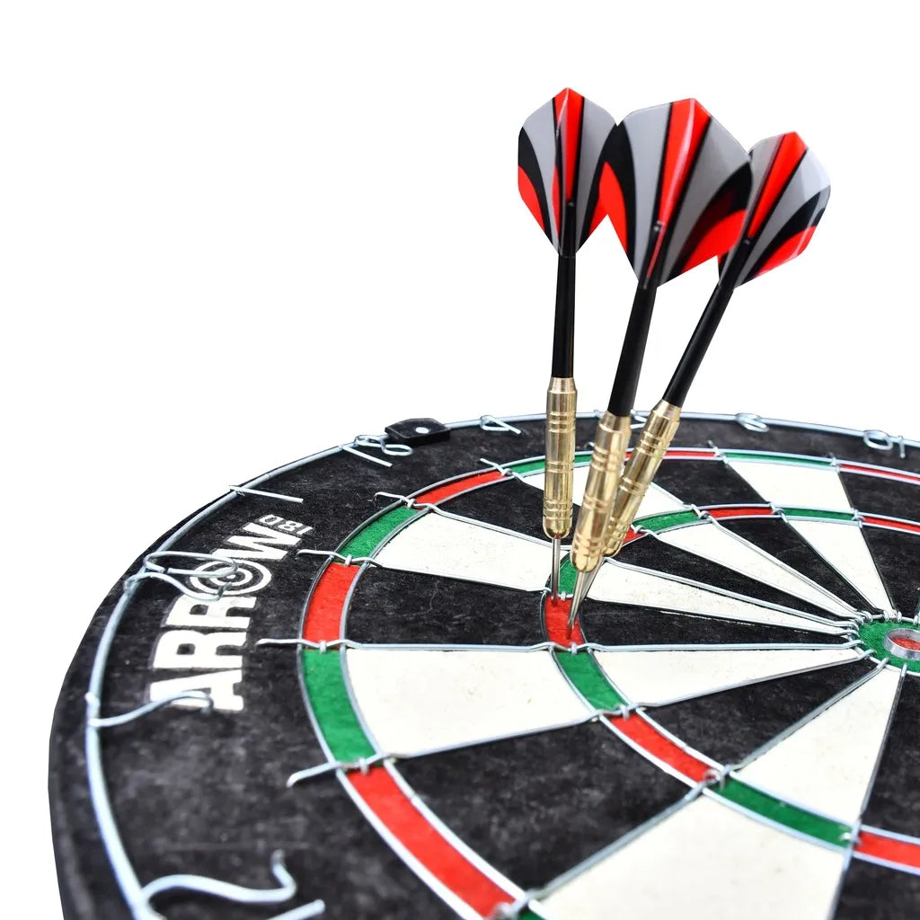 Three red and black feathered darts embedded in an Arrow180 bristle dartboard with traditional black, white, red and green segments
