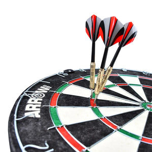 Three red and black feathered darts embedded in an Arrow180 bristle dartboard with traditional black, white, red and green segments