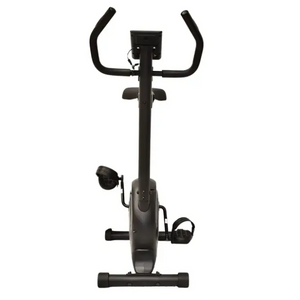 Black magnetic exercise bike with curved handlebars, upright frame, digital console, pedals with straps, and sturdy base viewed from front against white background