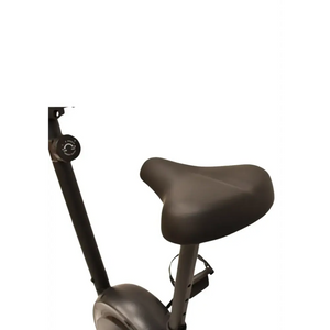 Black and grey magnetic exercise bike with adjustable seat and digital display console showing resistance settings