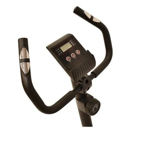 Black magnetic exercise bike with curved handlebars, digital LCD console display with control buttons, and adjustable resistance wheel shown against white background