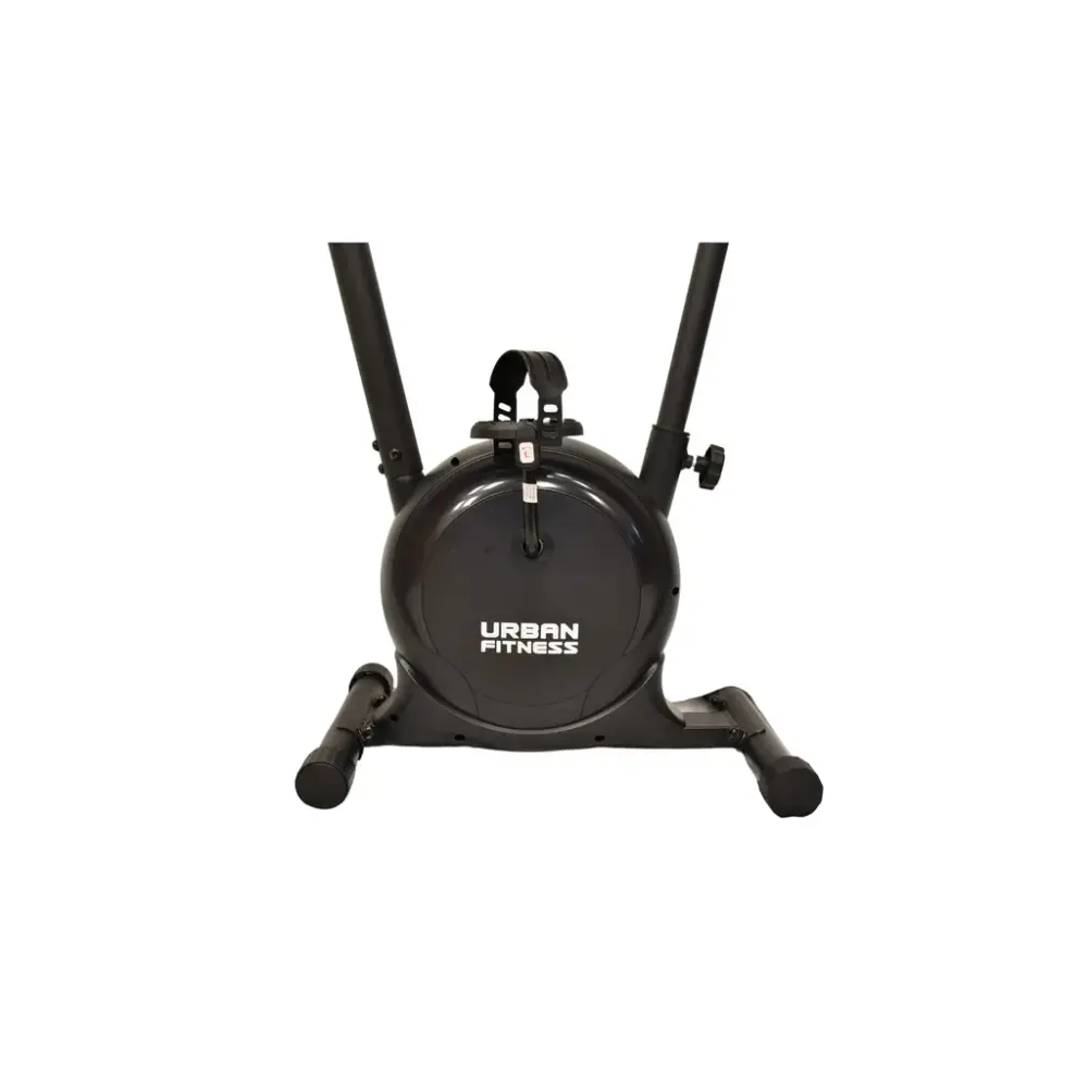 Black Urban Fitness magnetic exercise bike with upright frame, dual handle bars, circular flywheel, and stable base with foot pedals, front view on white background