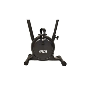 Black Urban Fitness magnetic exercise bike with upright frame, dual handle bars, circular flywheel, and stable base with foot pedals, front view on white background