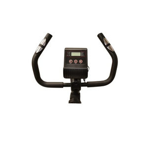 Black magnetic exercise bike with curved handlebars and digital LCD display console featuring control buttons, front view on white background