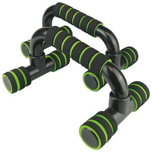 Urban Fitness push up bars in black and neon green with foam-wrapped handles and wheel bases, displayed at an angle against a white background