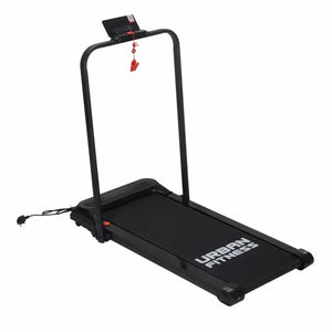 Black Urban Fitness walking treadmill with control console, handrails and red safety key lanyard attachment displayed against white background