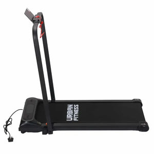 Black Urban Fitness walking treadmill with dual handrails featuring red accents, compact foldable design, and power cord visible on white background