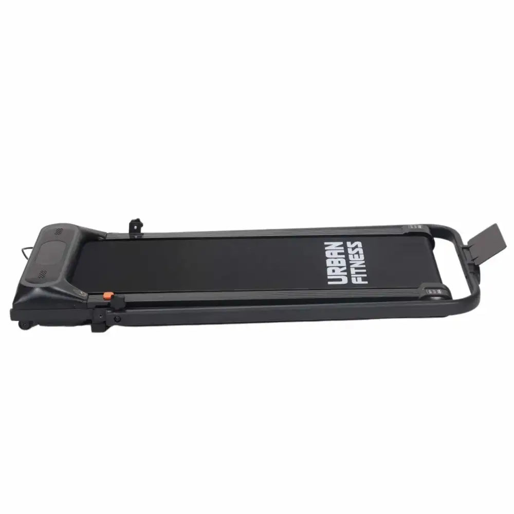 Black Urban Fitness compact folding walking treadmill with white text branding, shown from the side view with handle grip and control panel visible