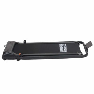 Black Urban Fitness compact folding walking treadmill with white text branding, shown from the side view with handle grip and control panel visible