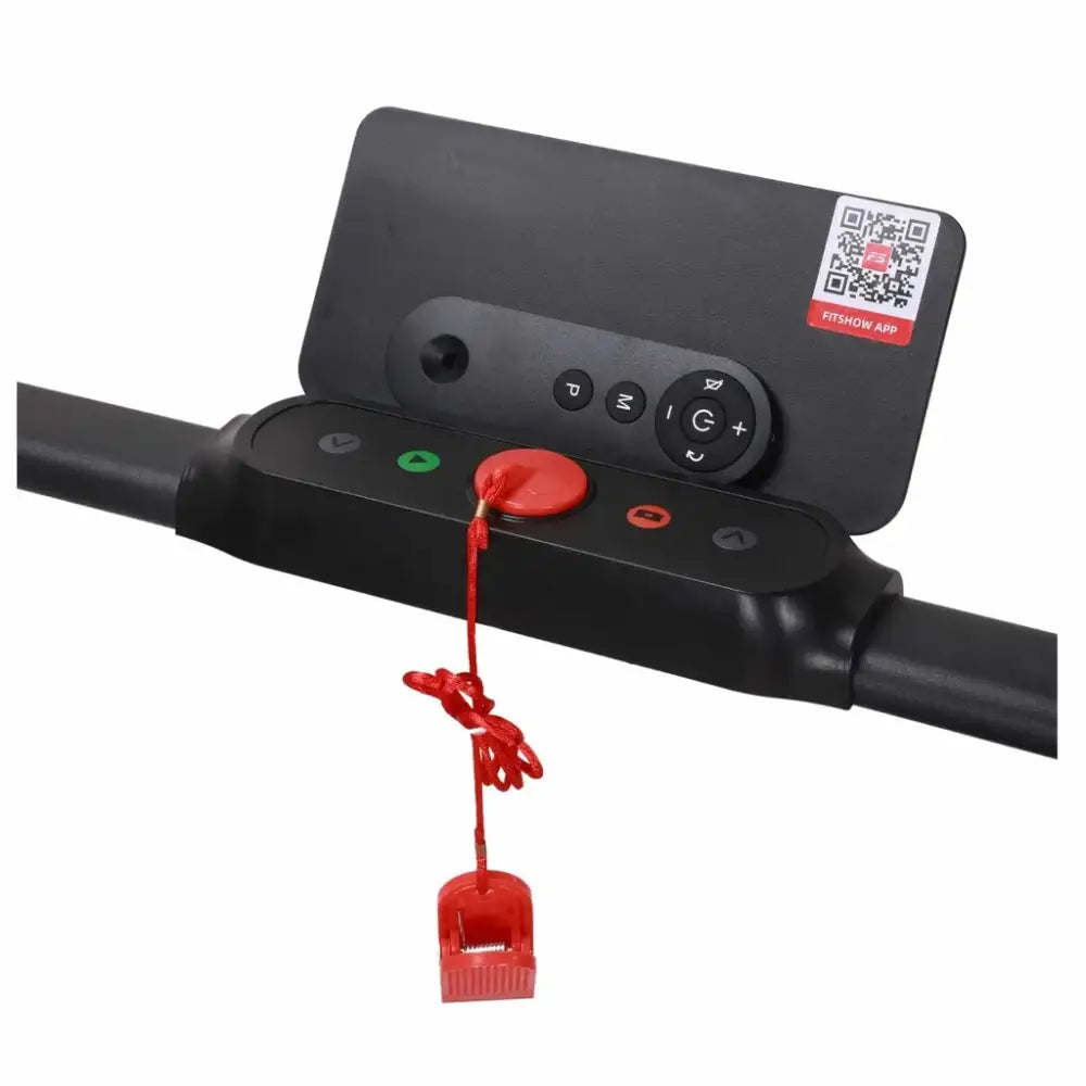 Black remote control for Urban Fitness Walking Treadmill with red emergency stop button, control buttons, and attached red safety lanyard with QR code label on black treadmill display panel