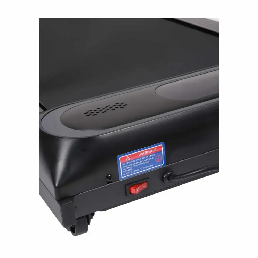 Black Urban Fitness walking treadmill showing curved running surface, ventilation grille, red power switch, warning label and wheels for portability