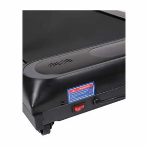 Black Urban Fitness walking treadmill showing curved running surface, ventilation grille, red power switch, warning label and wheels for portability