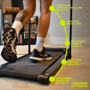 Person running on black Urban Fitness walking treadmill in home gym setting with infographic showing benefits including improved cardiovascular health, reduced back pain, improved energy levels, improved mental health, and increased physical activity