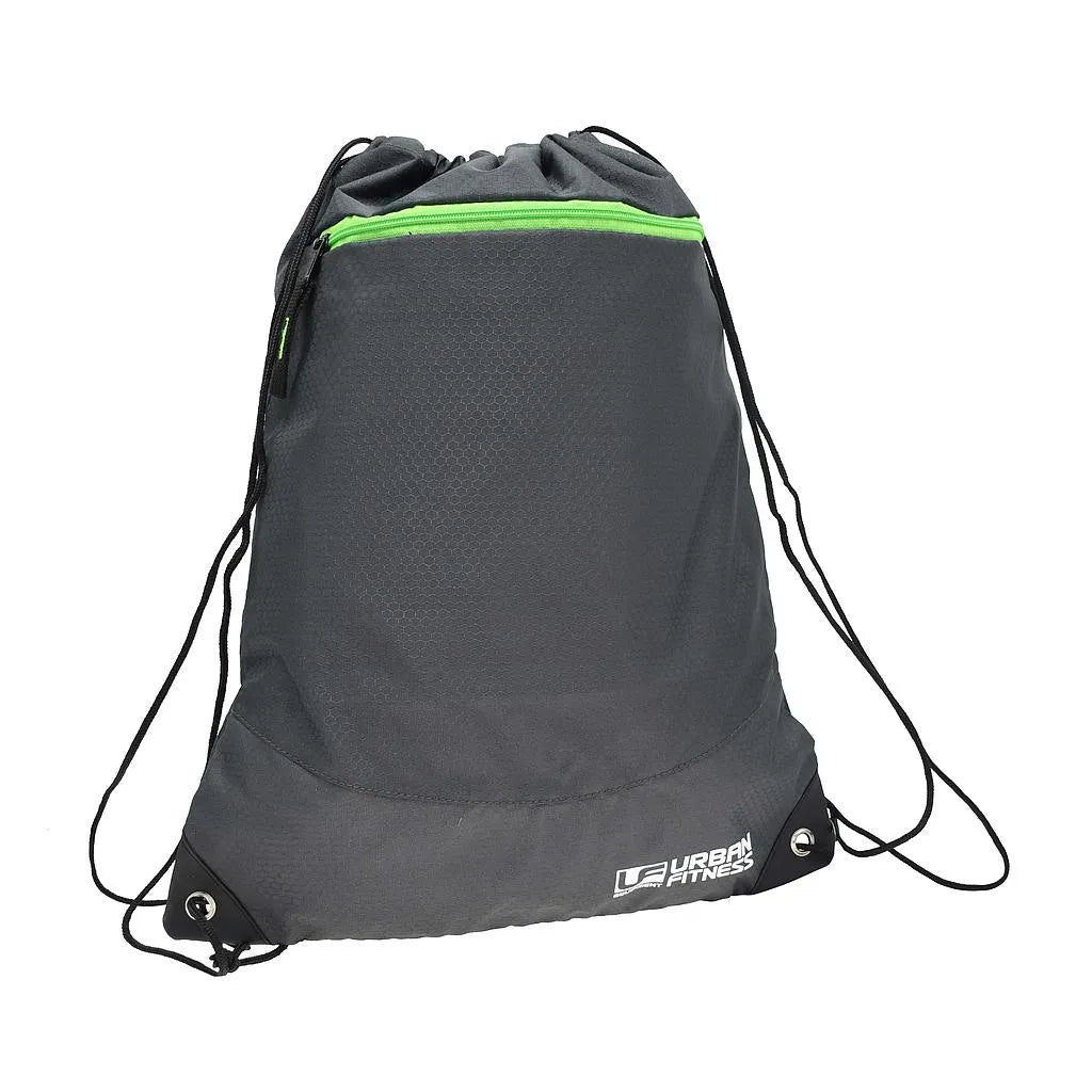 Urban Fitness charcoal black drawstring gym bag with neon green accent stripe and black cord straps, 2 litre capacity