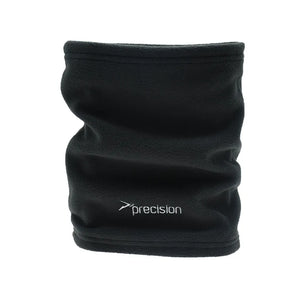 Black Precision Essential fleece neck warmer snood with gathered fabric design and white logo text on white background