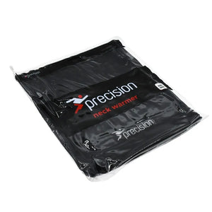 Precision Essential black neck warmer snood in clear packaging displaying product branding and sizing label