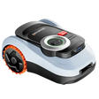 Segway Navimow i215 robotic lawn mower with white and black body, orange wheel trim, and black control panel with circular green button on top, shown against white background