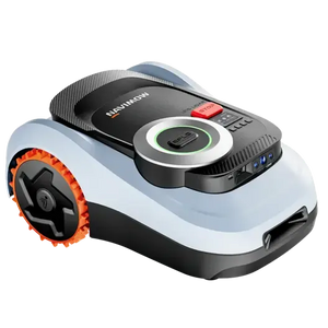 Segway Navimow i215 robotic lawn mower with white and black body, orange wheel trim, and black control panel with circular green button on top, shown against white background
