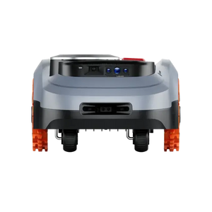 Segway Navimow i215 LiDAR robotic lawn mower viewed from front, featuring light grey and black upper body with orange front bumper and wheel guards, control panel with blue indicators on top, and dual black wheels visible underneath