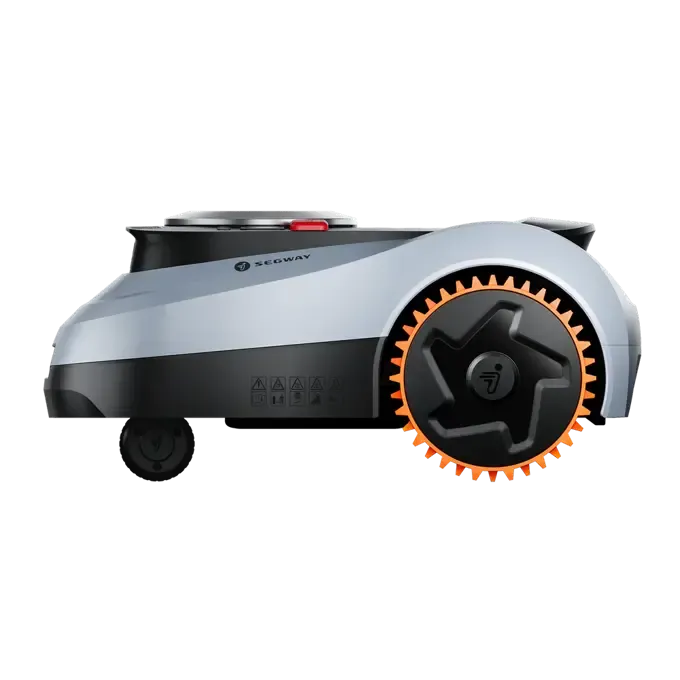 Segway Navimow i215 LiDAR robot lawn mower with silver and black body, featuring orange spiked cutting wheel, shown in side profile view against white background