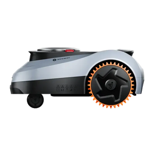 Segway Navimow i215 LiDAR robot lawn mower with silver and black body, featuring orange spiked cutting wheel, shown in side profile view against white background