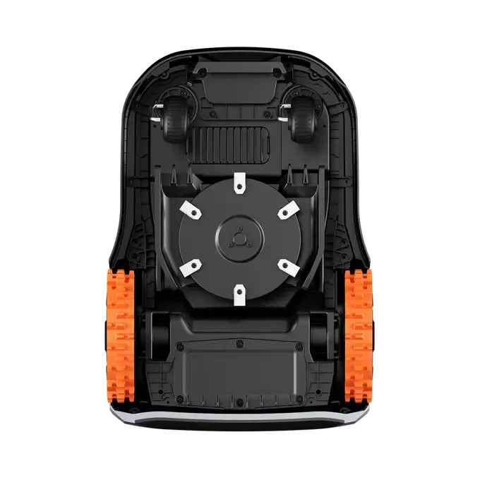 Top-down view of Segway Navimow i215 LiDAR robotic lawn mower showing black chassis with orange side panels, central circular LiDAR sensor with white mounting brackets, dual wheels, and technical undercarriage components