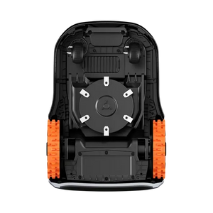Top-down view of Segway Navimow i215 LiDAR robotic lawn mower showing black chassis with orange side panels, central circular LiDAR sensor with white mounting brackets, dual wheels, and technical undercarriage components