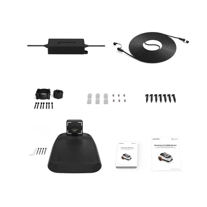 Segway Navimow i215 robotic lawn mower accessories kit including black power adapter, black coiled charging cable, mounting brackets, screws, fasteners, dome-shaped black charging dock, and instruction manuals laid out on white background