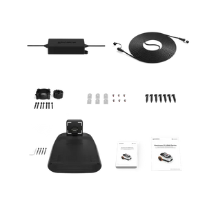 Segway Navimow i215 robotic lawn mower accessories kit including black power adapter, black coiled charging cable, mounting brackets, screws, fasteners, dome-shaped black charging dock, and instruction manuals laid out on white background
