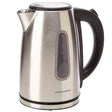 Morphy Richards Equip electric kettle in brushed stainless steel with 1.7 litre capacity, featuring a black handle, water level window, and cordless design on white background