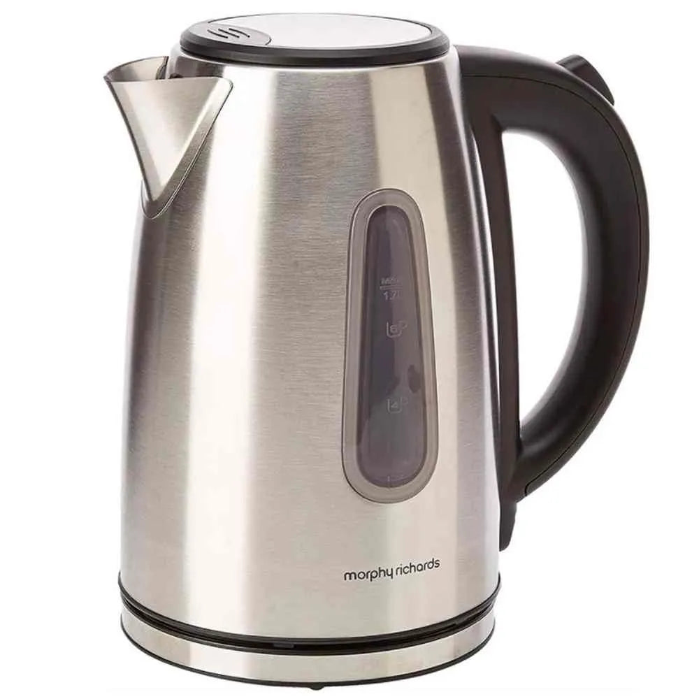 Morphy Richards Equip electric kettle in brushed stainless steel with 1.7 litre capacity, featuring a black handle, water level window, and cordless design on white background