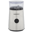 Morphy Richards Brew and Blend electric coffee grinder in stainless steel with transparent top chamber showing MAX fill line, black control band with safety lock and pulse button, and black power button on front base